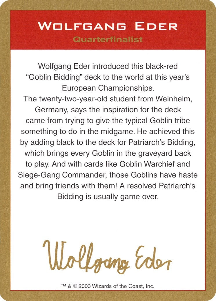 Image for 2003 Wolfgang Eder Biography Card (World Championship Decks) - Magic: The Gathering