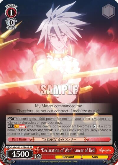 Image for "Declaration of War" Lancer of Red (SR) (Fate/Apocrypha) (APO/S53-TE03S SR) - Weiss Schwarz