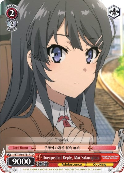 Image for Unexpected Reply, Mai Sakurajima (Rascal Does Not Dream of Bunny Girl Senpai) (SBY/W64-TE17 TD) - Weiss Schwarz