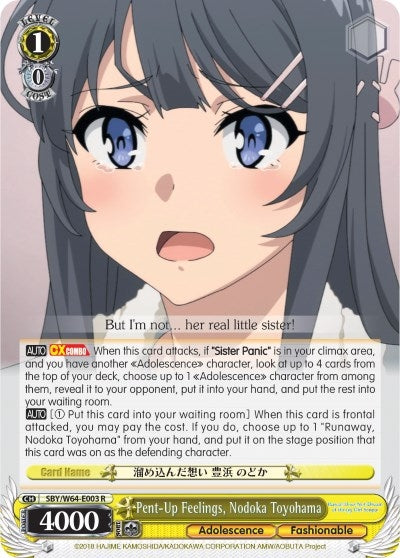 Image for Pent-Up Feelings, Nodoka Toyohama (Rascal Does Not Dream of Bunny Girl Senpai) (SBY/W64-E003 R) - Weiss Schwarz