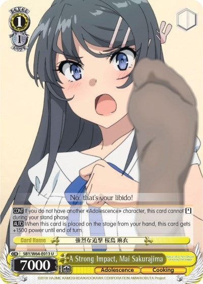 Image for A Strong Impact, Mai Sakurajima (Rascal Does Not Dream of Bunny Girl Senpai) (SBY/W64-E013 U) - Weiss Schwarz