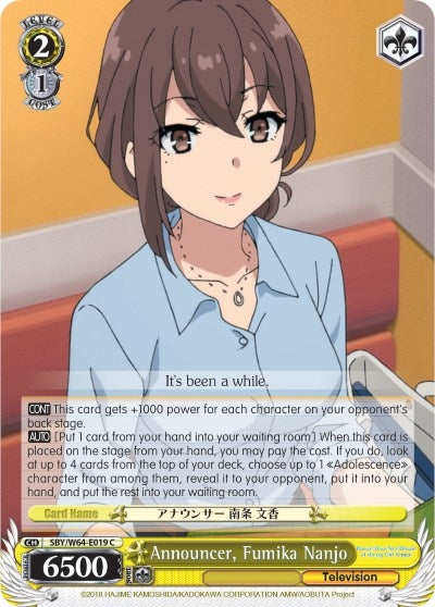 Image for Announcer, Fumika Nanjo (Rascal Does Not Dream of Bunny Girl Senpai) (SBY/W64-E019 C) - Weiss Schwarz
