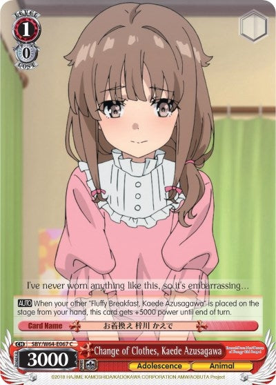 Image for Change of Clothes, Kaede Azusagawa (Rascal Does Not Dream of Bunny Girl Senpai) (SBY/W64-E067 C) - Weiss Schwarz