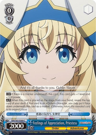 Image for Feelings of Appreciation, Priestess (Goblin Slayer) (GBS/S63-E089 C) - Weiss Schwarz