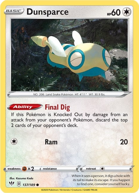 Image for Dunsparce (SWSH03: Darkness Ablaze) (137/189) - Pokemon