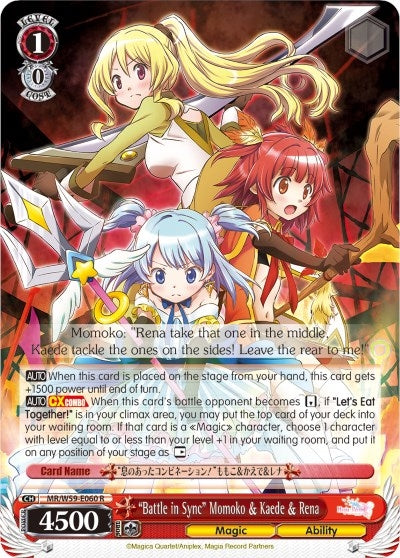 Image for "Battle in Sync" Momoko & Kaede & Rena (Magia Record: Puella Magi Madoka Magica [Side Story] (Mobile)) (MR/W59-E060 R) - Weiss Schwarz