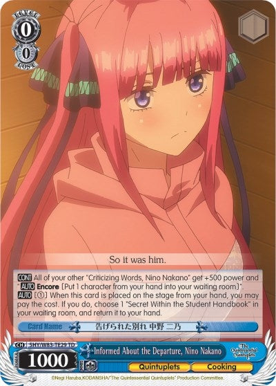 Image for Informed About the Departure, Nino Nakano (The Quintessential Quintuplets) (5HY/W83-TE29 TD) - Weiss Schwarz