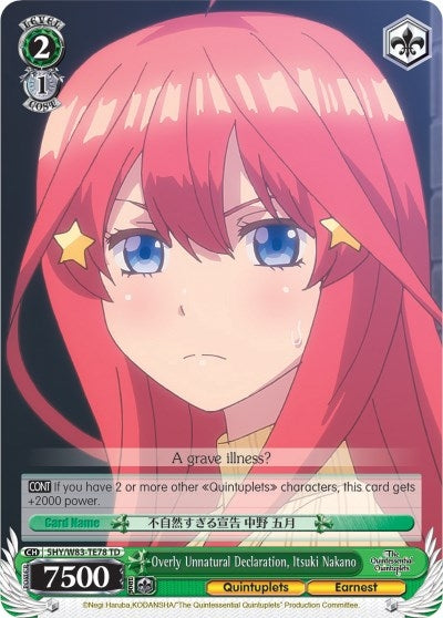 Image for Overly Unnatural Declaration, Itsuki Nakano (The Quintessential Quintuplets) (5HY/W83-TE78 TD) - Weiss Schwarz