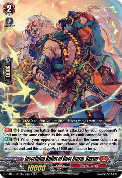 Image for Inscribing Bullet of Dust Storm, Baxter (D-BT10: Dragon Masquerade) (D-BT10/016EN) - Cardfight Vanguard