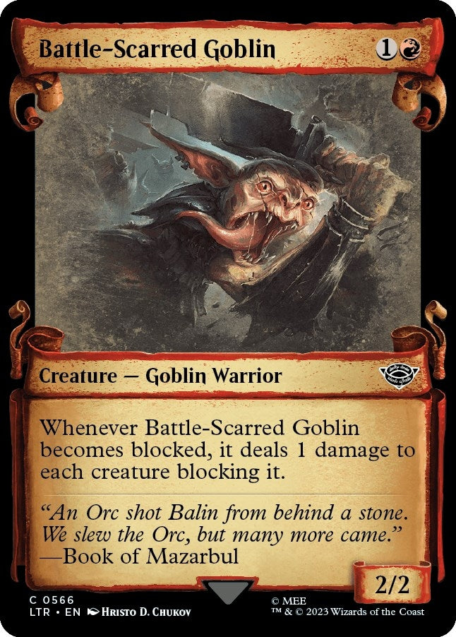 Image for Battle-Scarred Goblin (Showcase Scrolls) (Universes Beyond: The Lord of the Rings: Tales of Middle-earth) (566) - Magic: The Gathering