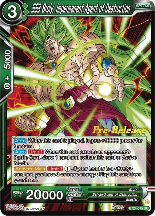 Image for SS3 Broly, Impermanent Agent of Destruction (Beyond Generations Pre-Release Cards) (BT24-075) - Dragon Ball Super: Masters