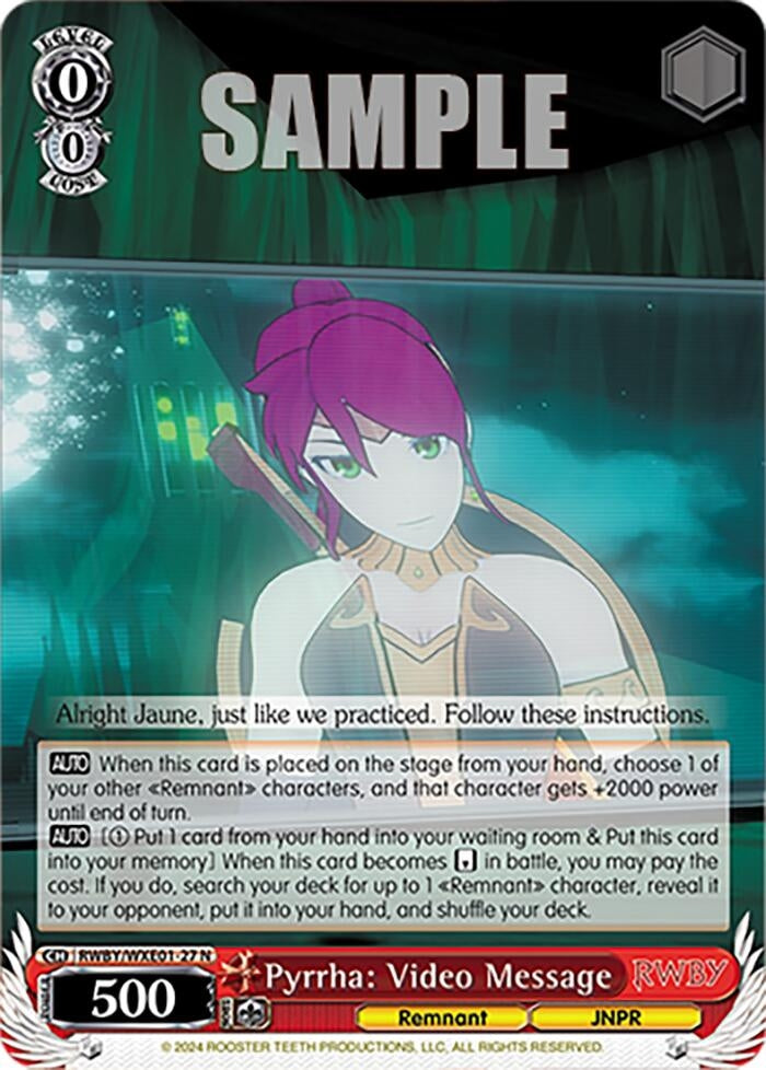 Image for Pyrrha: Video Message (RWBY Premium Booster) (RWBY/WXE01-27 N) - Weiss Schwarz