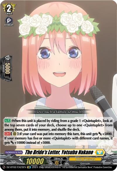 Image for The Bride's Letter, Yotsuba Nakano (EXC) (DZ-BT02: Illusionless Strife) (DZ-BT02/EX23EN) - Cardfight Vanguard