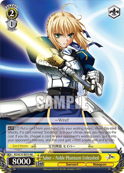 Image for Saber - Noble Phantasm Unleashed (Fate/Zero Chronicle Set) (FZ/SC17-E015 RE) - Weiss Schwarz