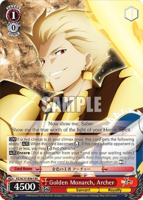 Image for Golden Monarch, Archer (Fate/Zero Chronicle Set) (FZ/SC17-E061 RE) - Weiss Schwarz