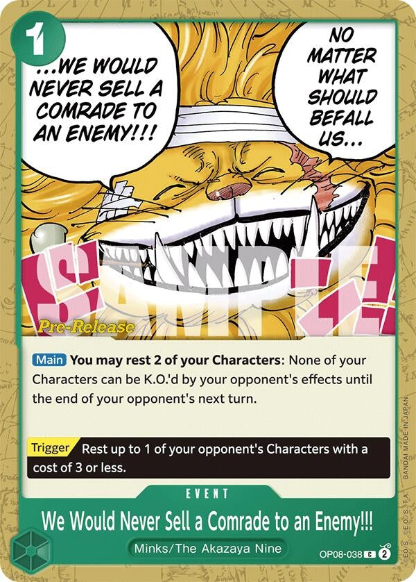 Image for We Would Never Sell a Comrade to an Enemy!!! (Two Legends Pre-Release Cards) (OP08-038) - One Piece Card Game