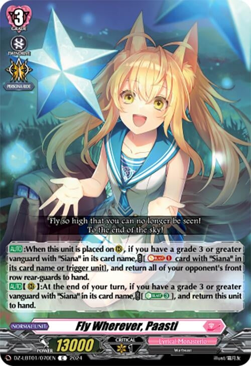 Image for Fly Wherever, Paasti (DZ-LBT01: Lyrical Monasterio Sparkling Stars!) (DZ-LBT01/070EN) - Cardfight Vanguard