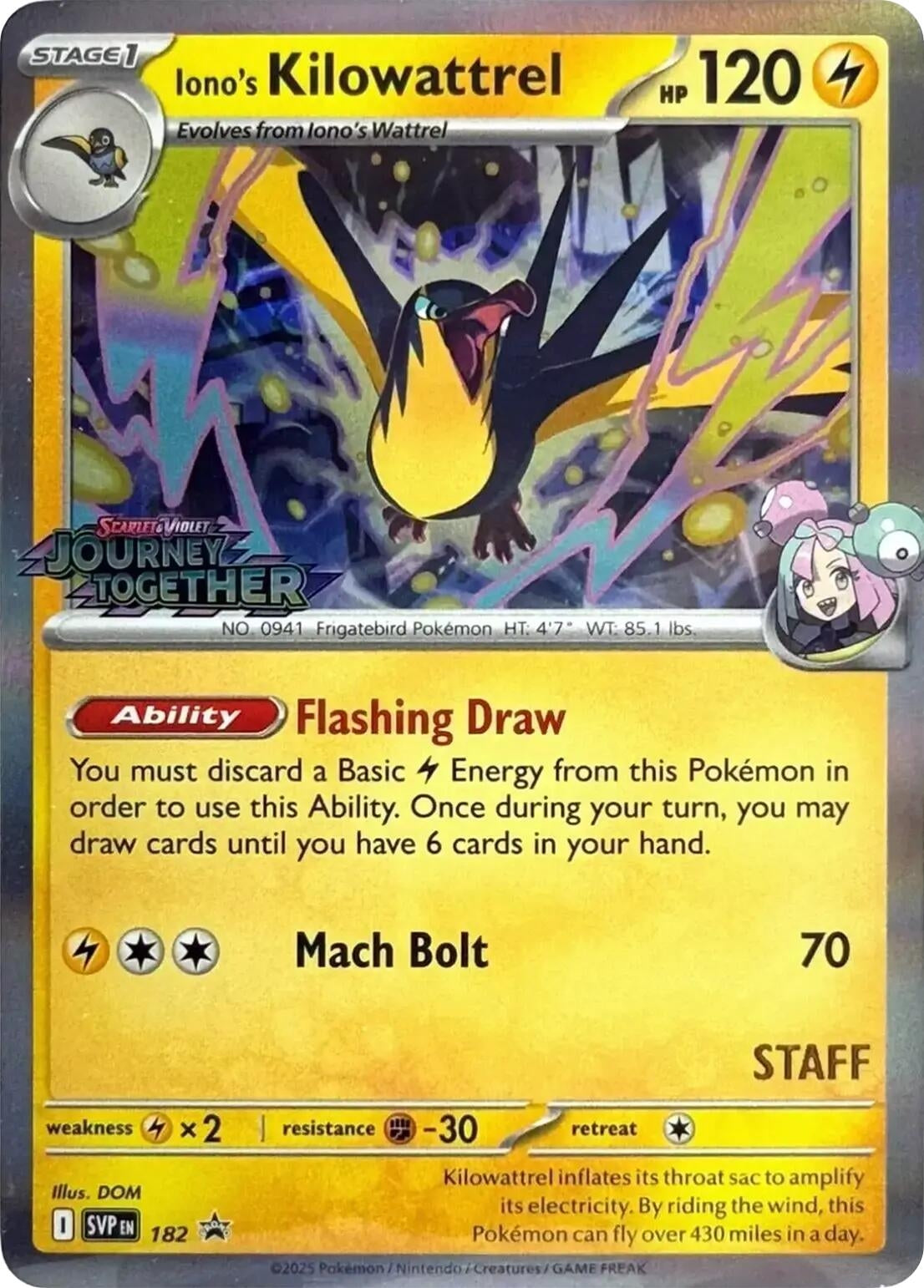 Image for Iono's Kilowattrel - 182 (Prerelease) [Staff] (SV: Scarlet & Violet Promo Cards) (182) - Pokemon